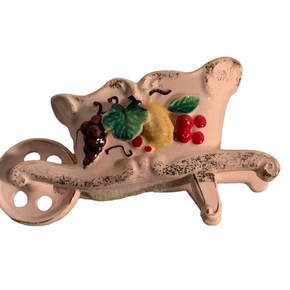 Pink WHEELBARROW Flower Frog Gold colored Trim -fruit on sides - Picture 7 of 10